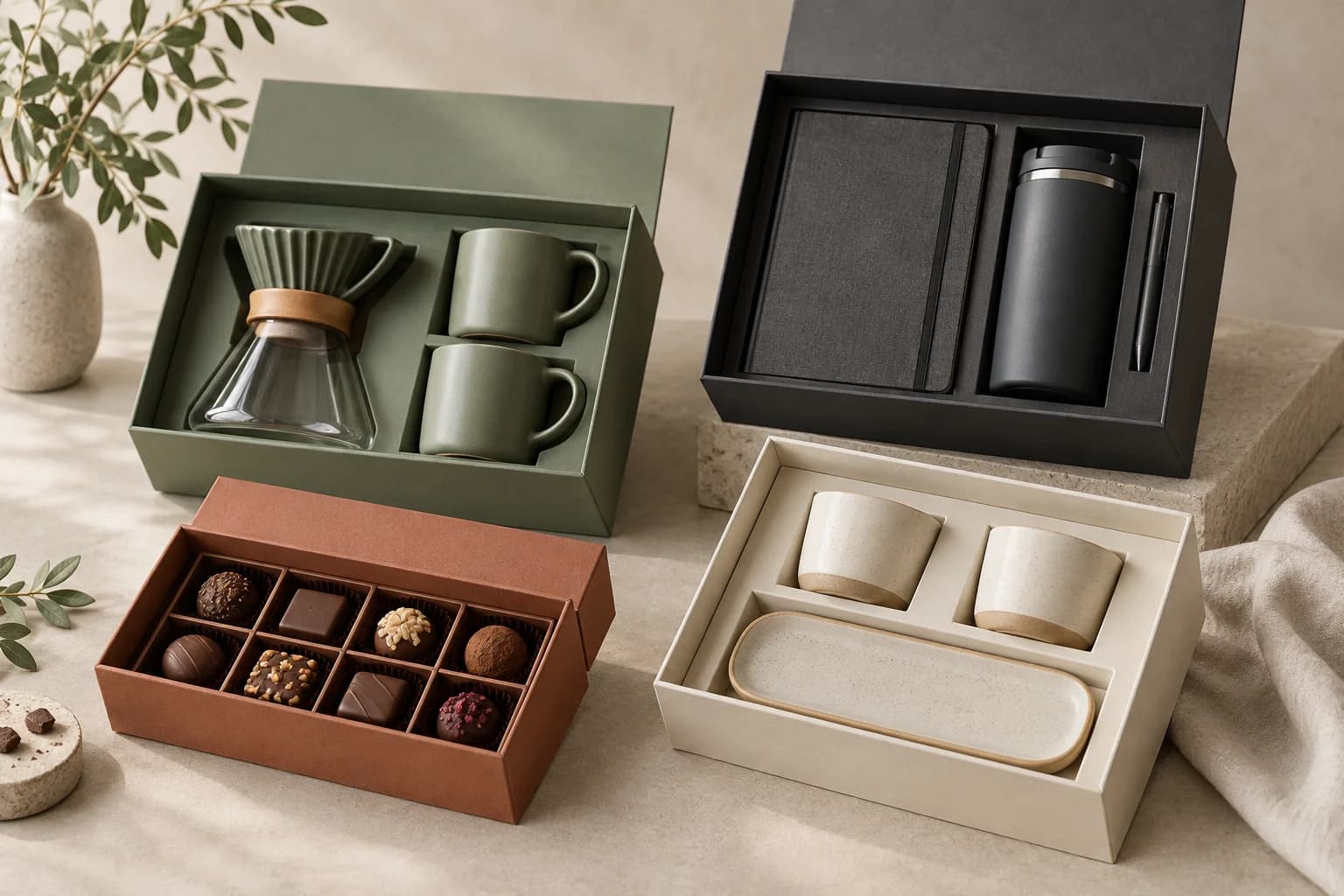 A collection of finished coffee, corporate, chocolate and hospitality gift sets