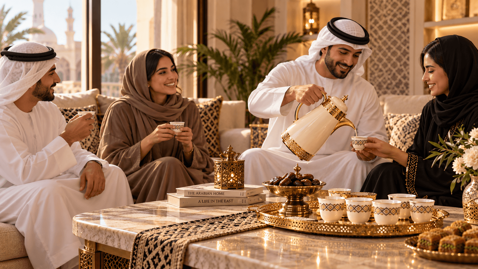 Warm GCC hospitality gathering with Arabic coffee service