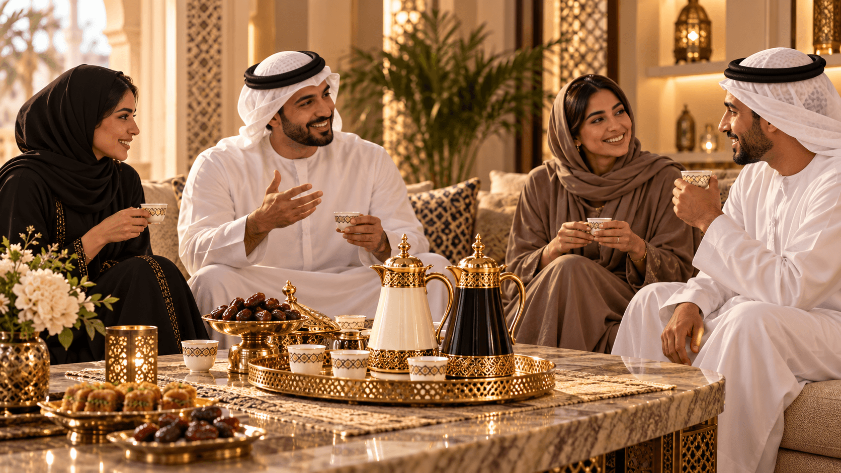 Friends enjoying Arabic coffee together in a warm Middle Eastern home