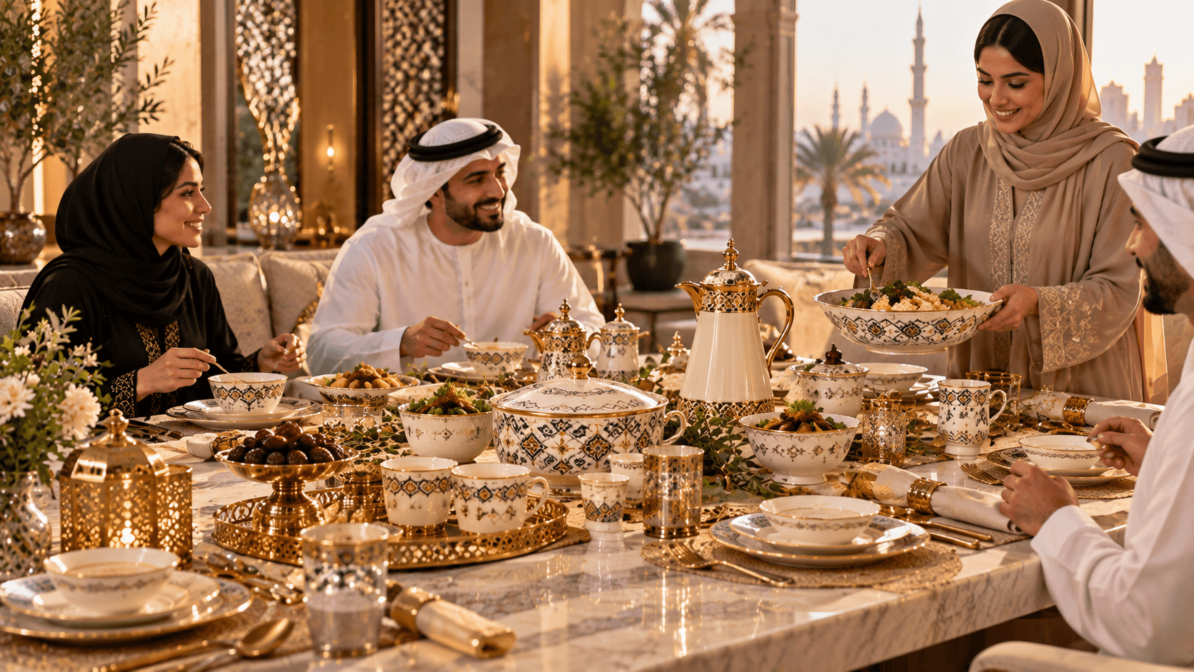 Premium Middle Eastern dining table with ceramic tableware and serving pieces