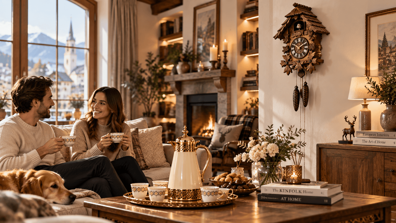 Warm European living room with cuckoo clock and coffee hospitality setting