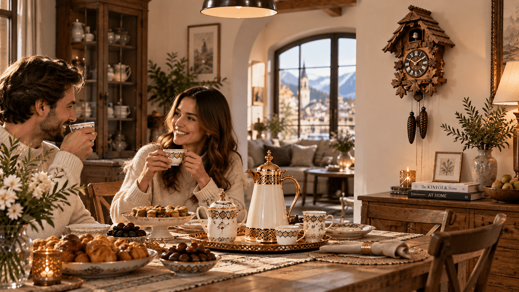 Cozy European home lifestyle with cuckoo clock, coffee and tableware