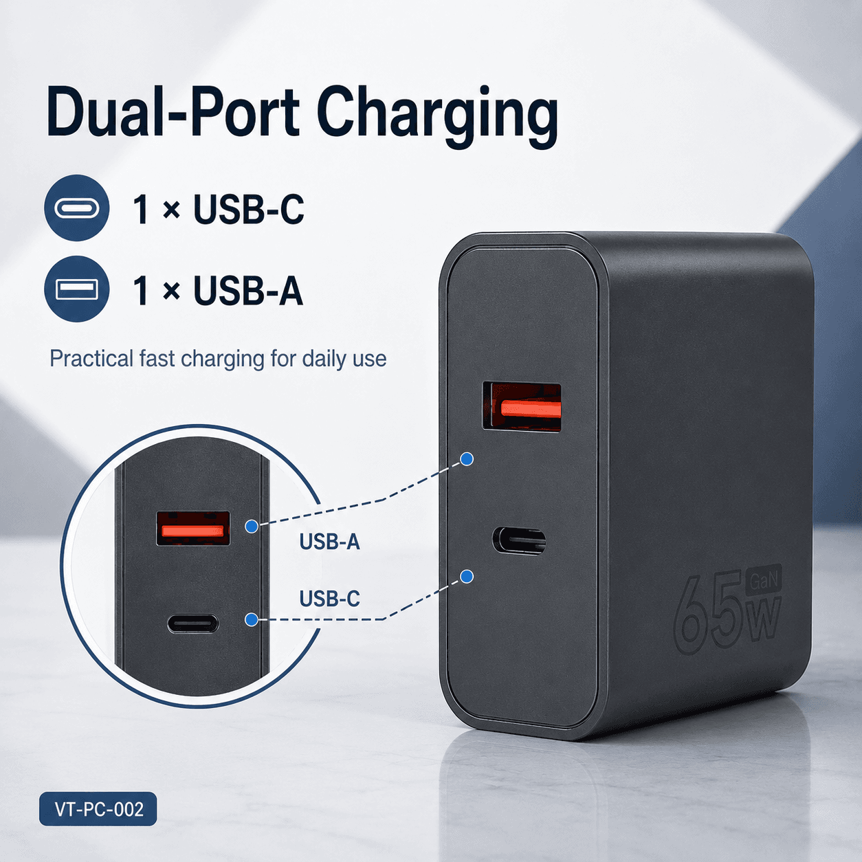 VT-PC-002 dual-port charger with one USB-C port and one USB-A port