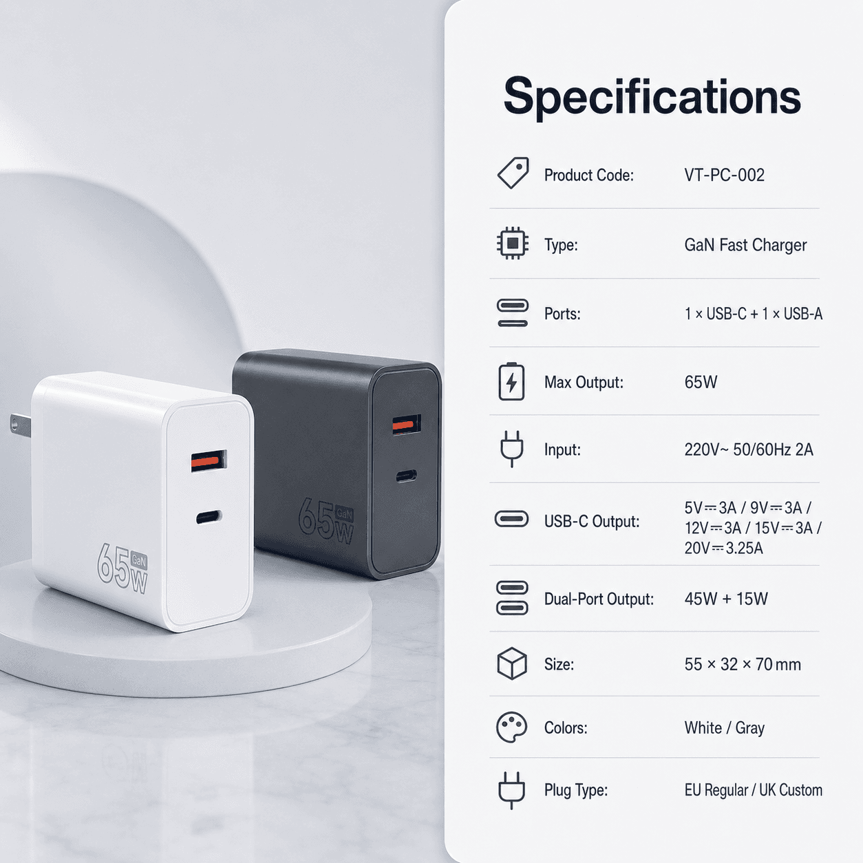 VT-PC-002 65W GaN dual-port charger specifications