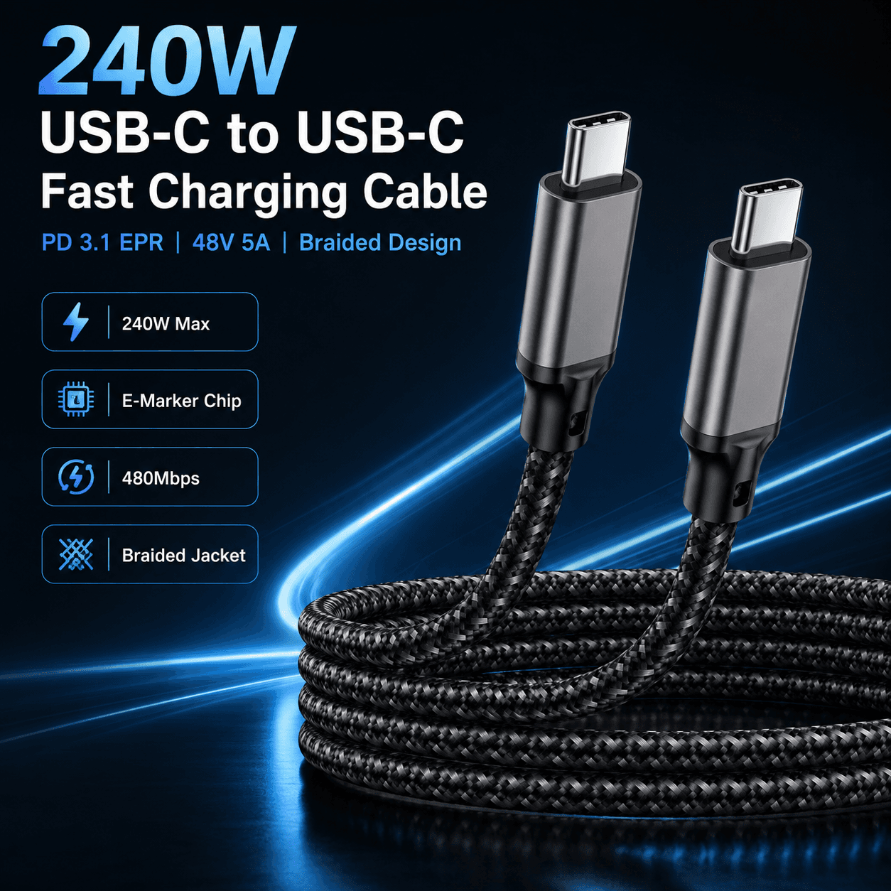 240W USB-C to USB-C Braided Fast Charging Cable