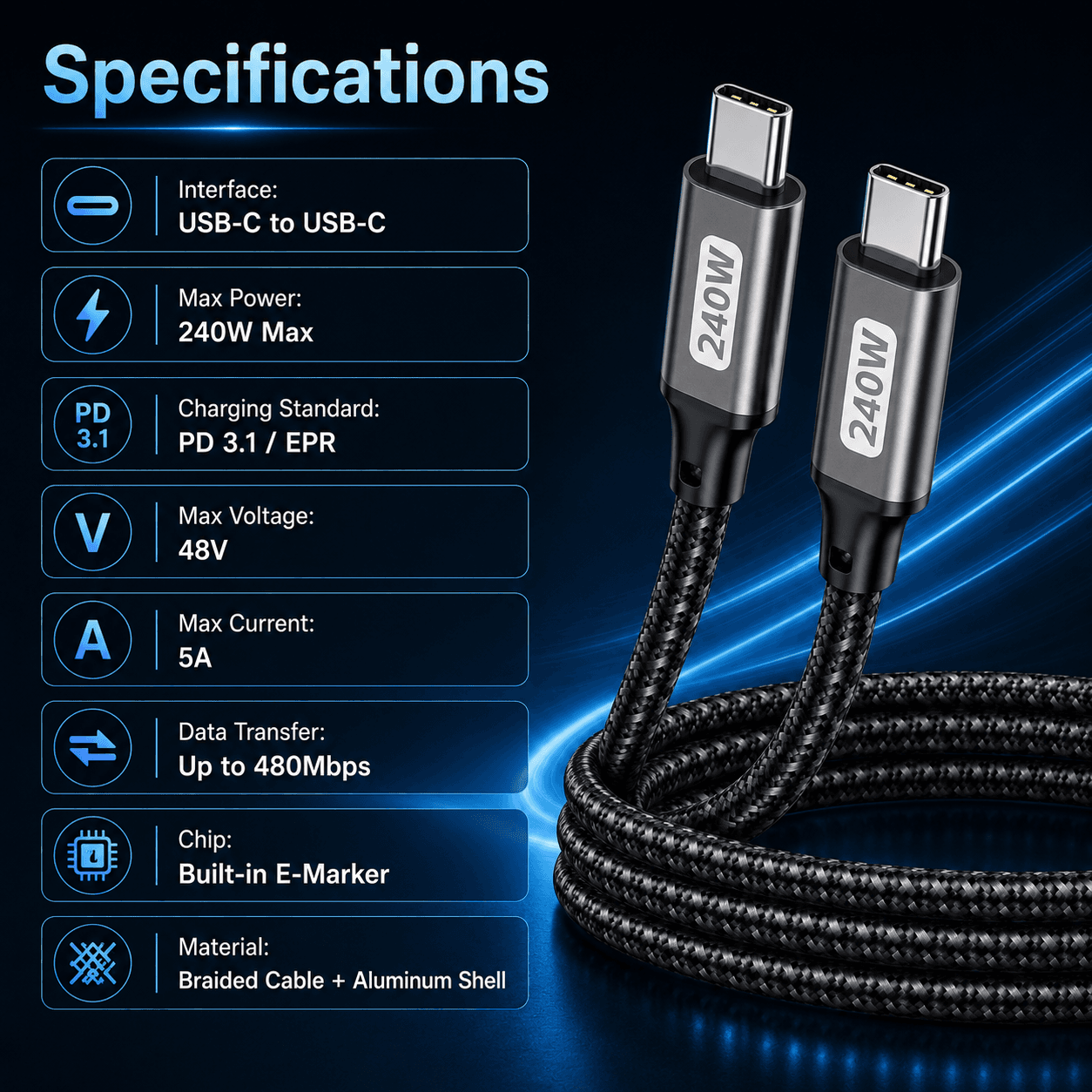 VT-PC-003 USB-C braided fast charging cable specifications