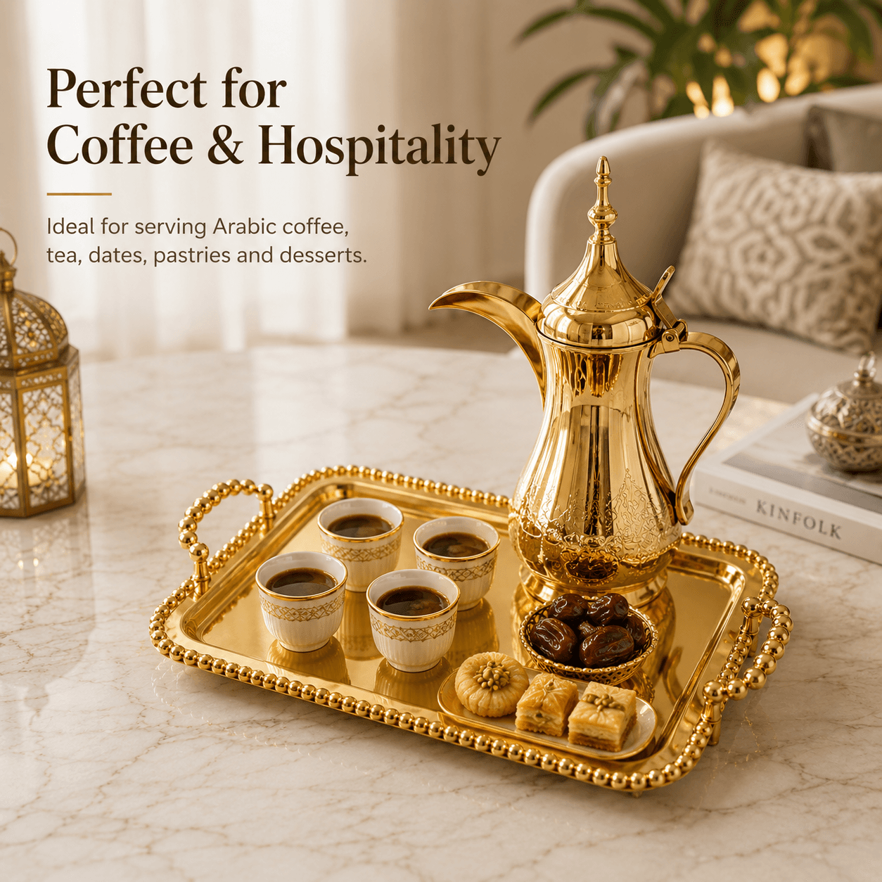 VT-TR-001 gold serving tray for coffee dates and hospitality presentation
