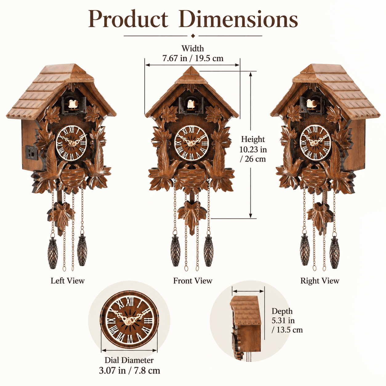 VT-CK-001 cuckoo clock dimensions and product measurements