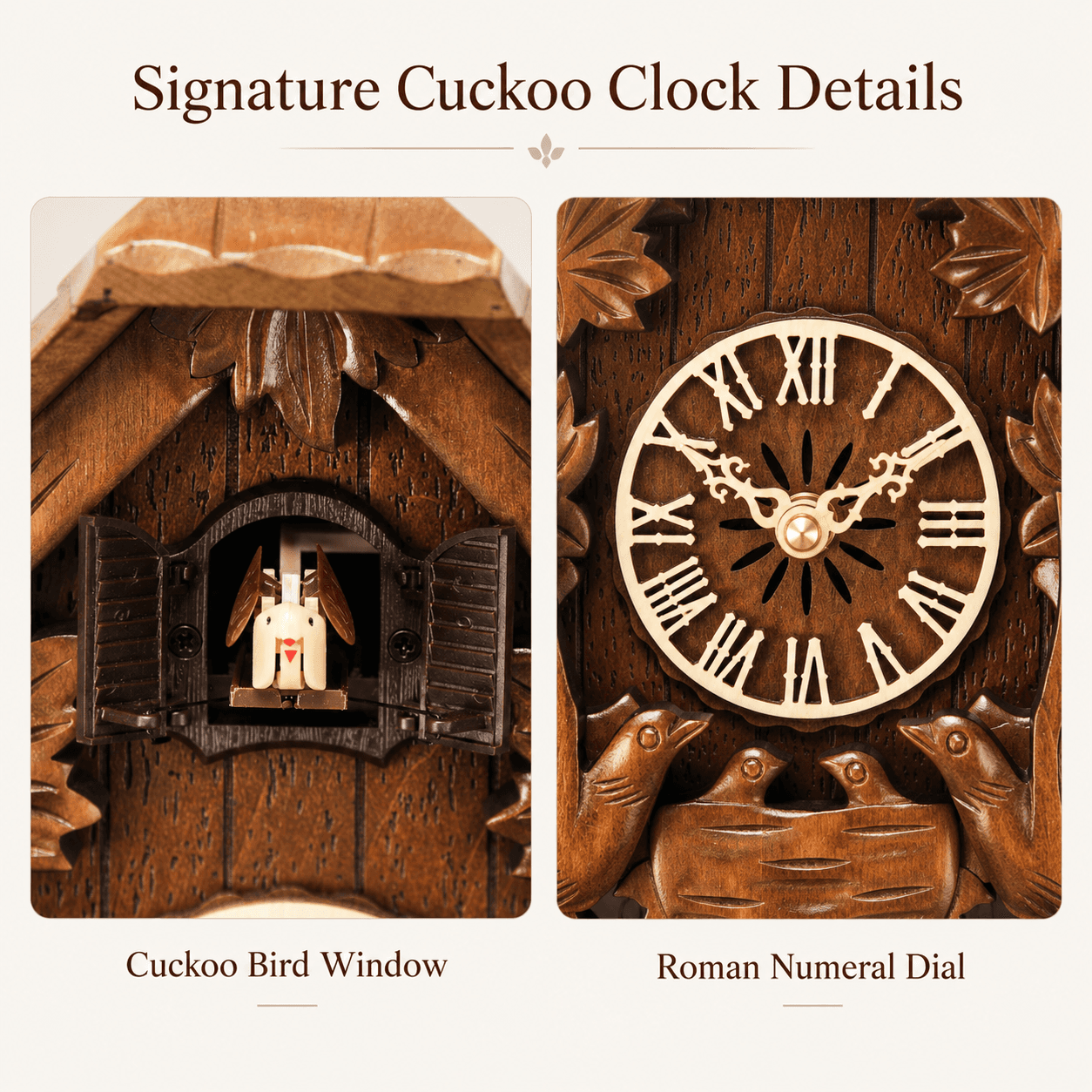 VT-CK-001 cuckoo bird window and Roman numeral dial details