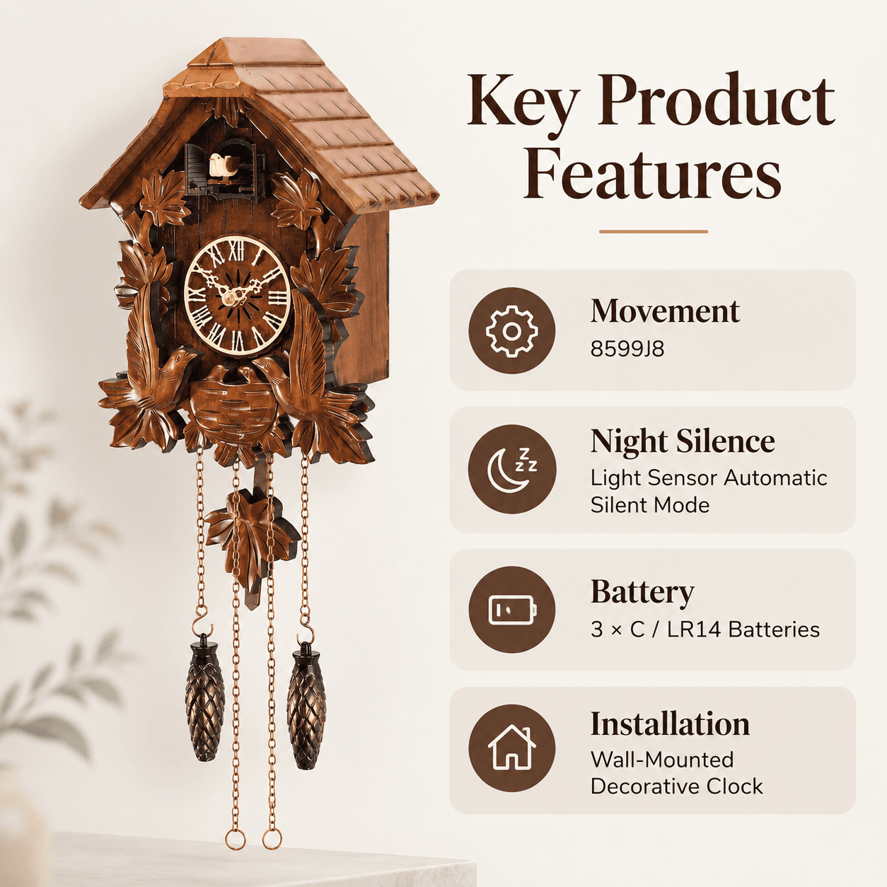 VT-CK-001 cuckoo clock key features including movement night silence and battery
