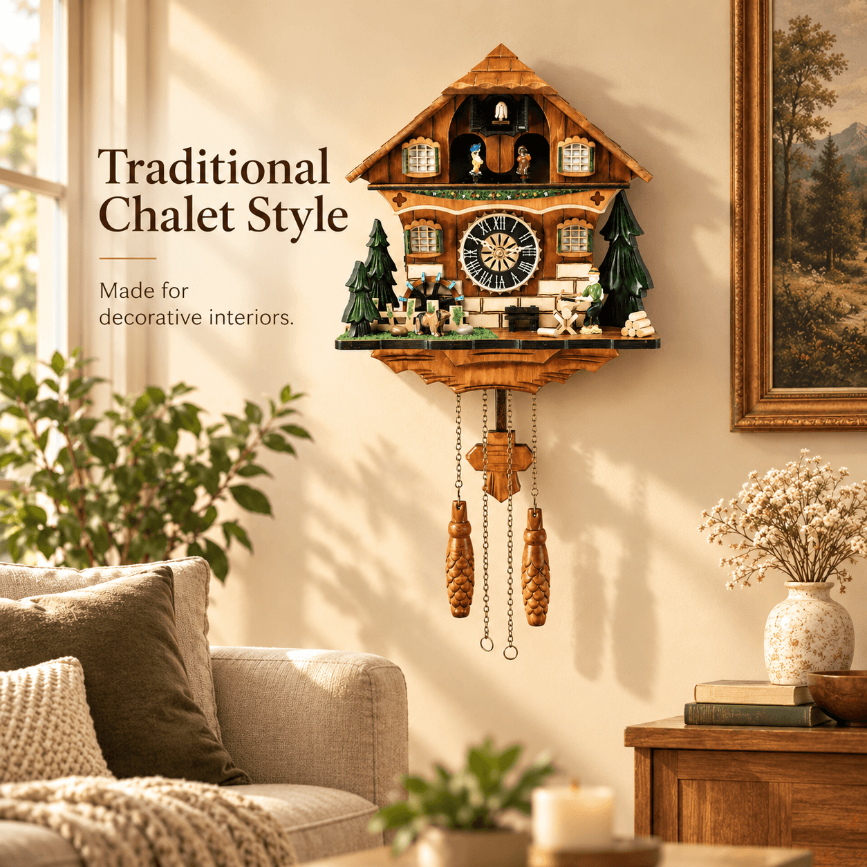 VT-CK-002 chalet cuckoo wall clock displayed in a warm home interior