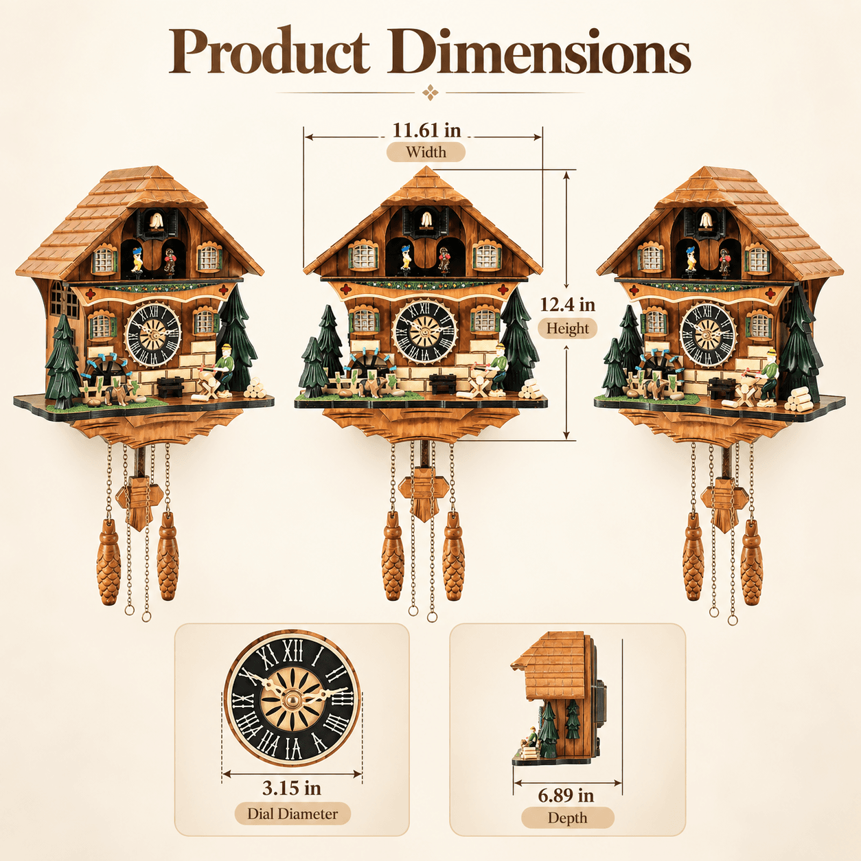 VT-CK-002 cuckoo clock dimensions width height depth and dial diameter