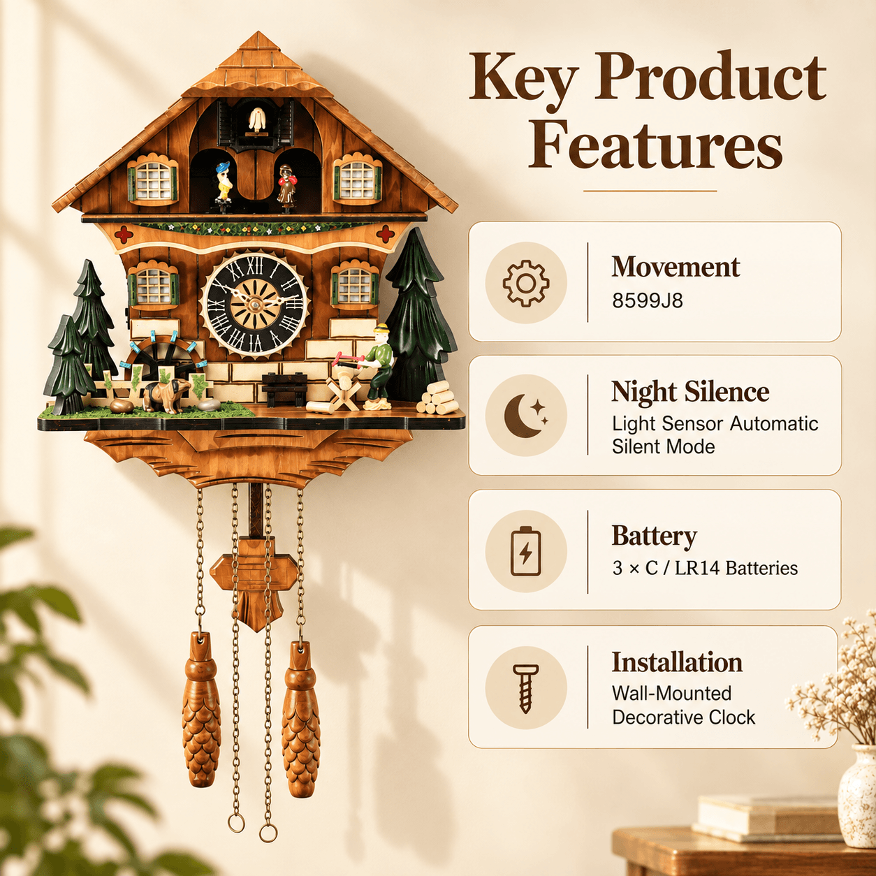 VT-CK-002 cuckoo clock movement night silence battery and installation features