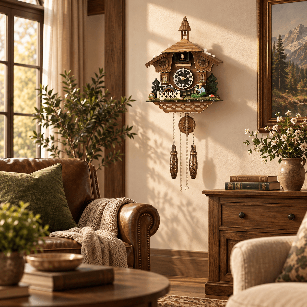 VT-CK-003 Alpine chalet cuckoo wall clock displayed in a warm home interior