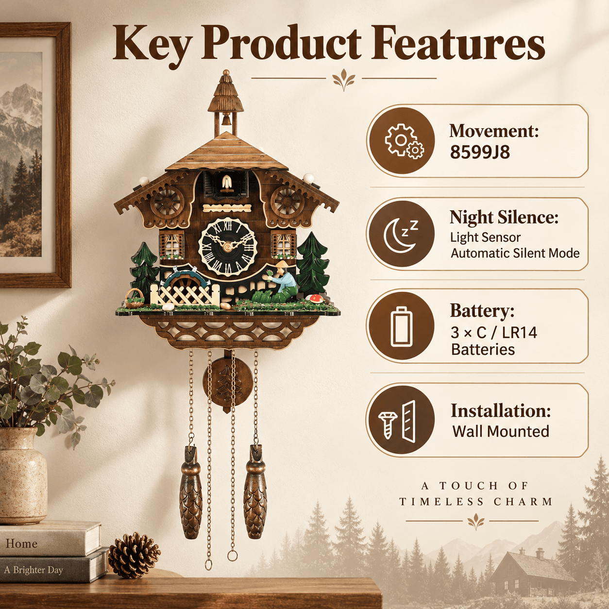VT-CK-003 cuckoo clock movement night silence battery and installation features