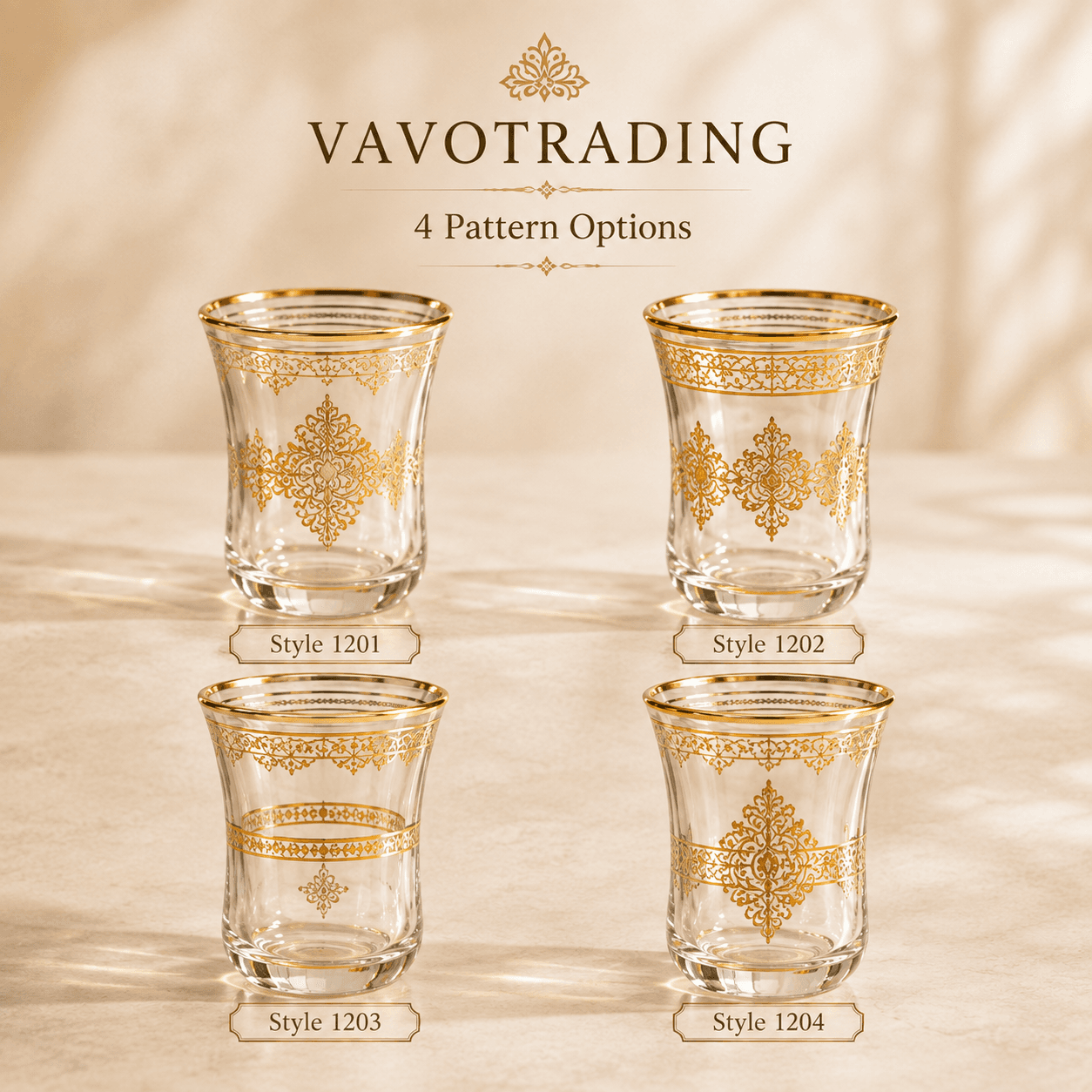 VT-KW-003 four Arabic gold-rim tea glass pattern options