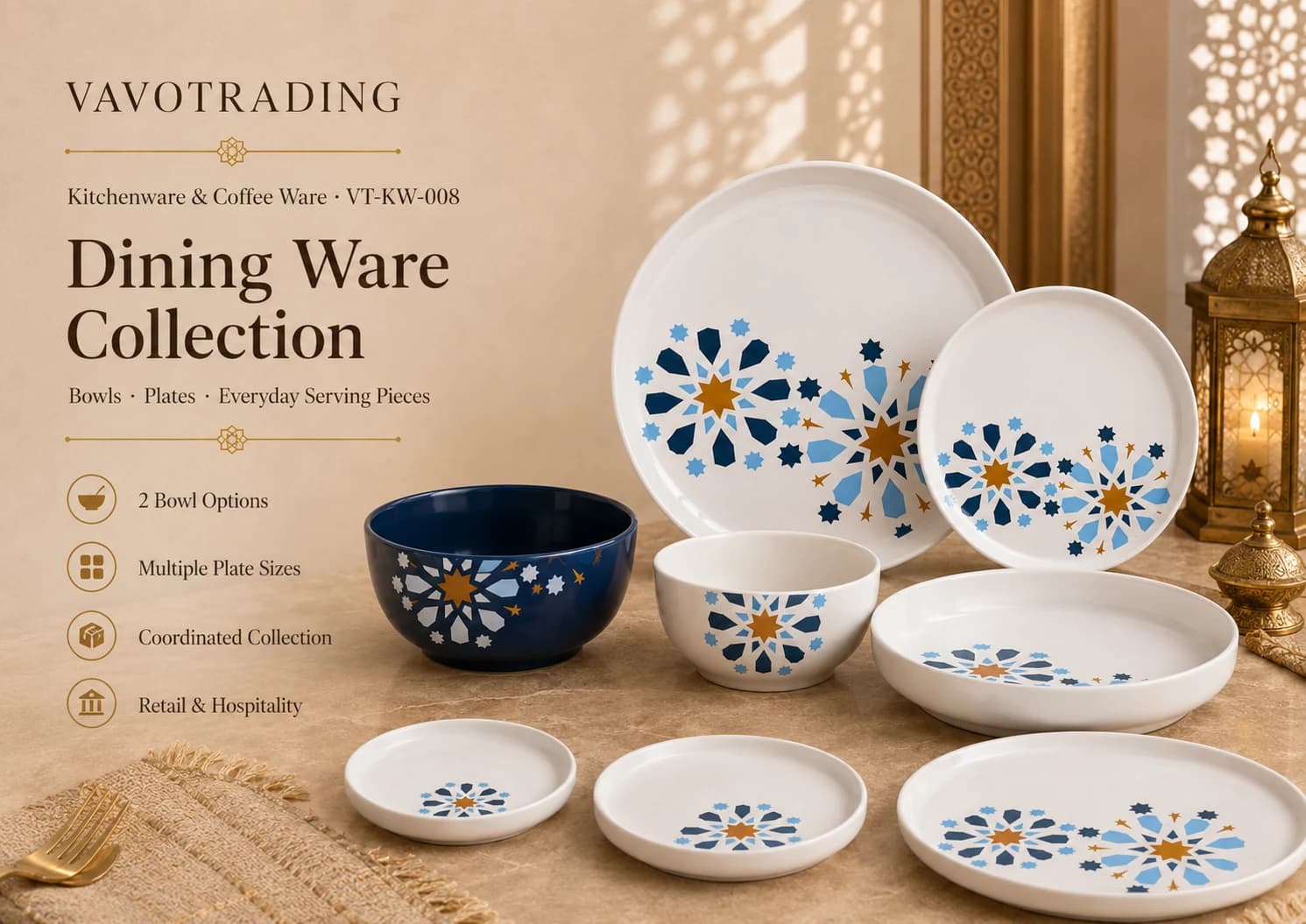 VT-KW-008 blue white and gold ceramic dining ware