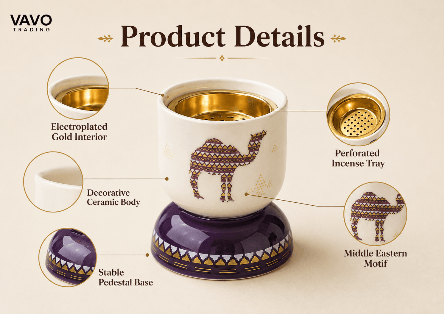 VT-KW-009 gold-tone interior perforated tray ceramic body and pedestal details