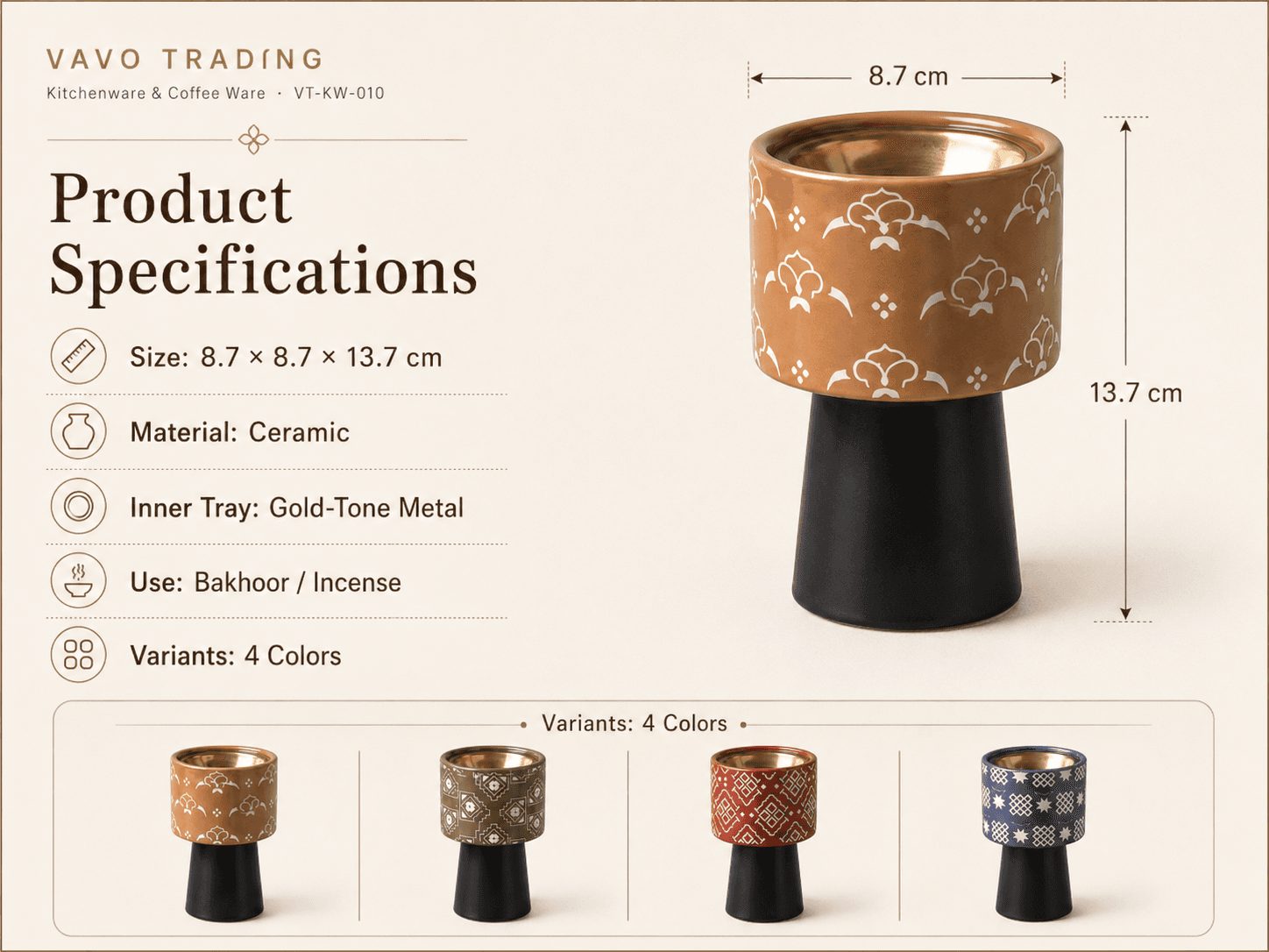 VT-KW-010 Arabic ceramic incense burner specifications
