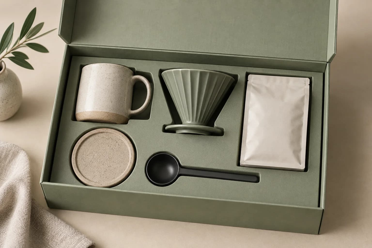 Sage gift box with coffee brewer, mug and accessories