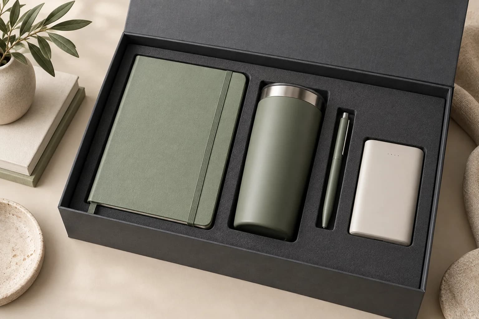 Corporate gift box containing a notebook, tumbler and accessories