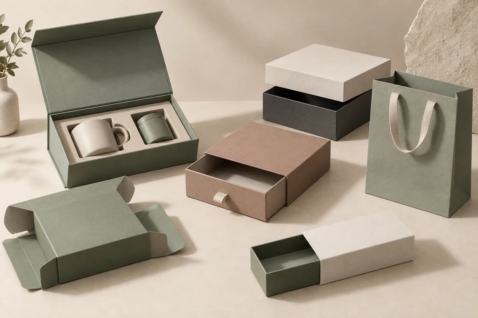 Rigid, magnetic, drawer and folding boxes with custom packaging components