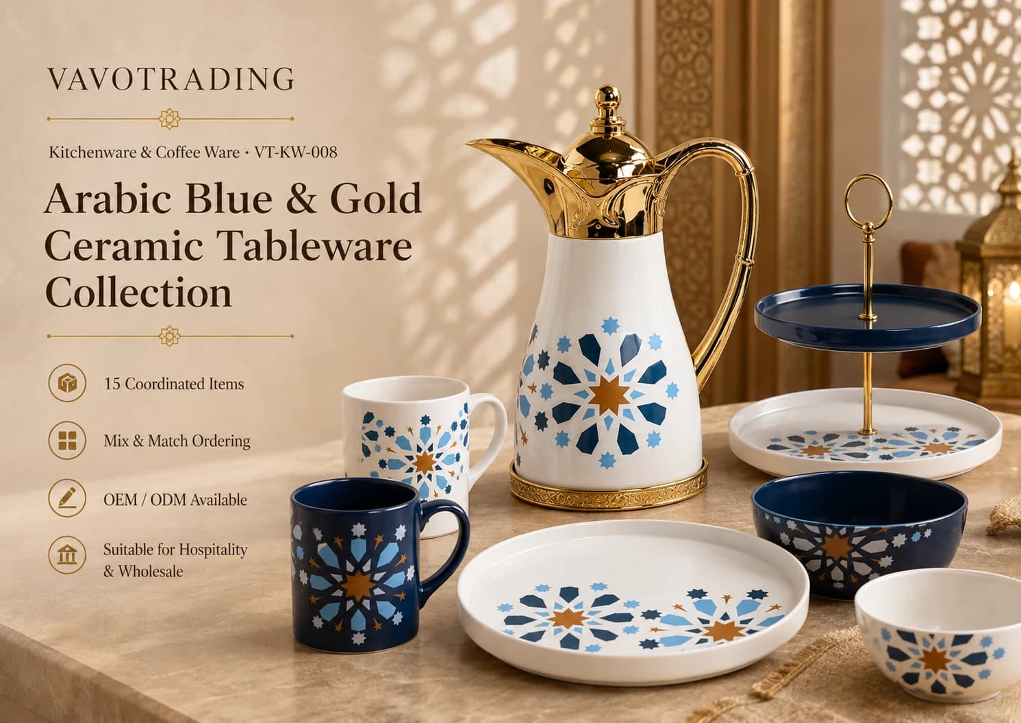 VAVO Trading VT-KW-008 Arabic Blue & Gold Ceramic Tableware Collection