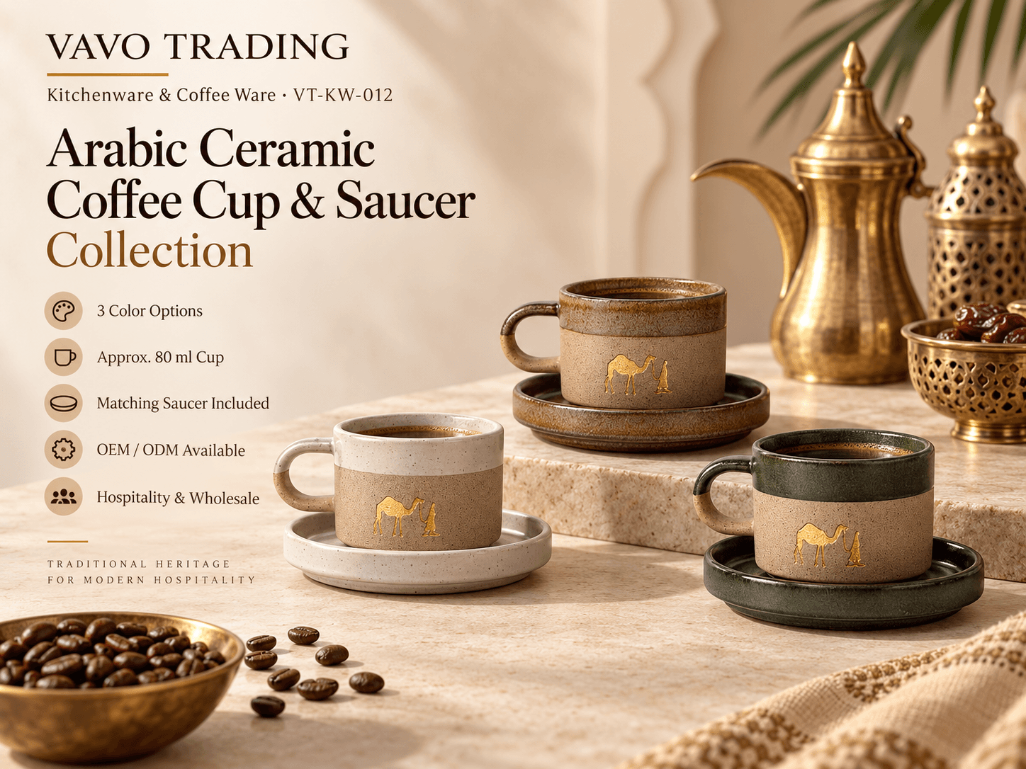 VAVO Trading VT-KW-012 Arabic Ceramic Coffee Cup & Saucer Collection